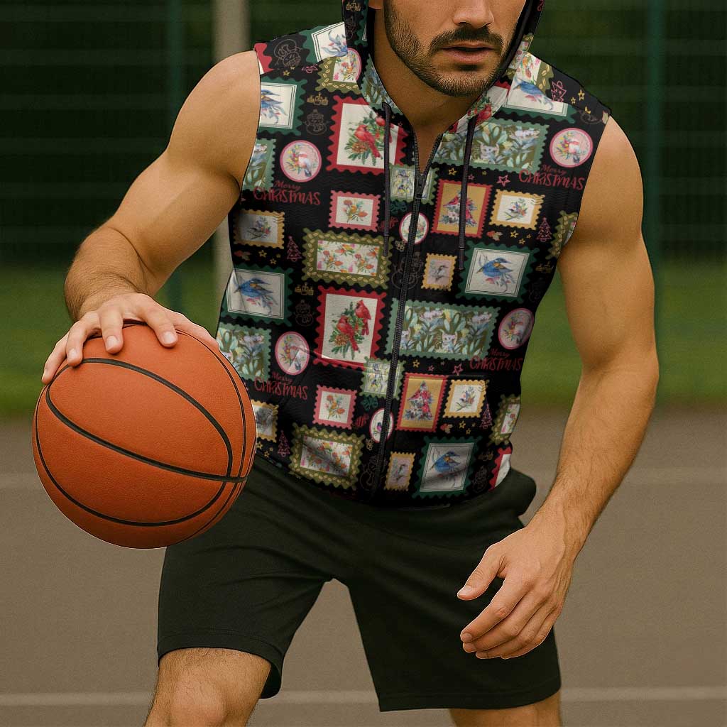 Aussie Birds Christmas La La Land Sleeveless Zip Hoodie Black Vintage Stamp Edition LT9