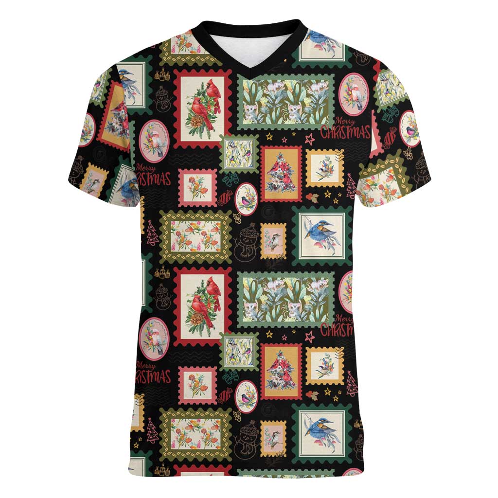 Aussie Birds Christmas La La Land Women V-Neck T-Shirt Black Vintage Stamp Edition - Aussie Hoodie
