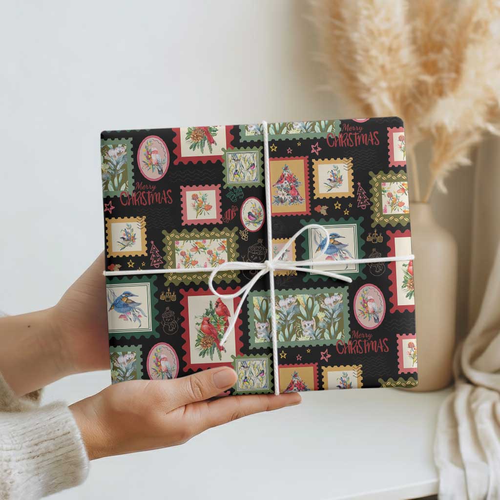 Aussie Birds Christmas La La Land Wrapping Paper Black Vintage Stamp Edition - Aussie Hoodie