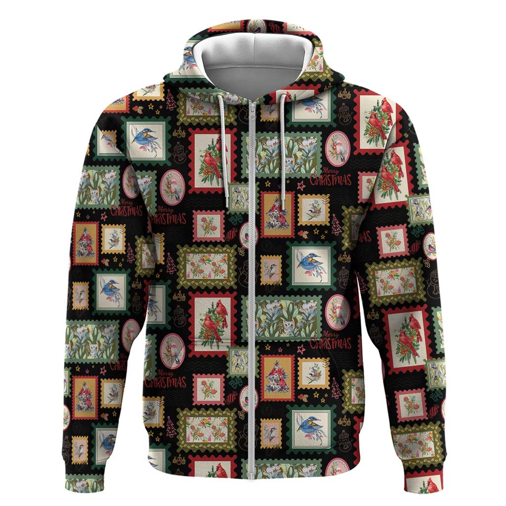 Aussie Birds Christmas La La Land Zip Hoodie Black Vintage Stamp Edition - Aussie Hoodie
