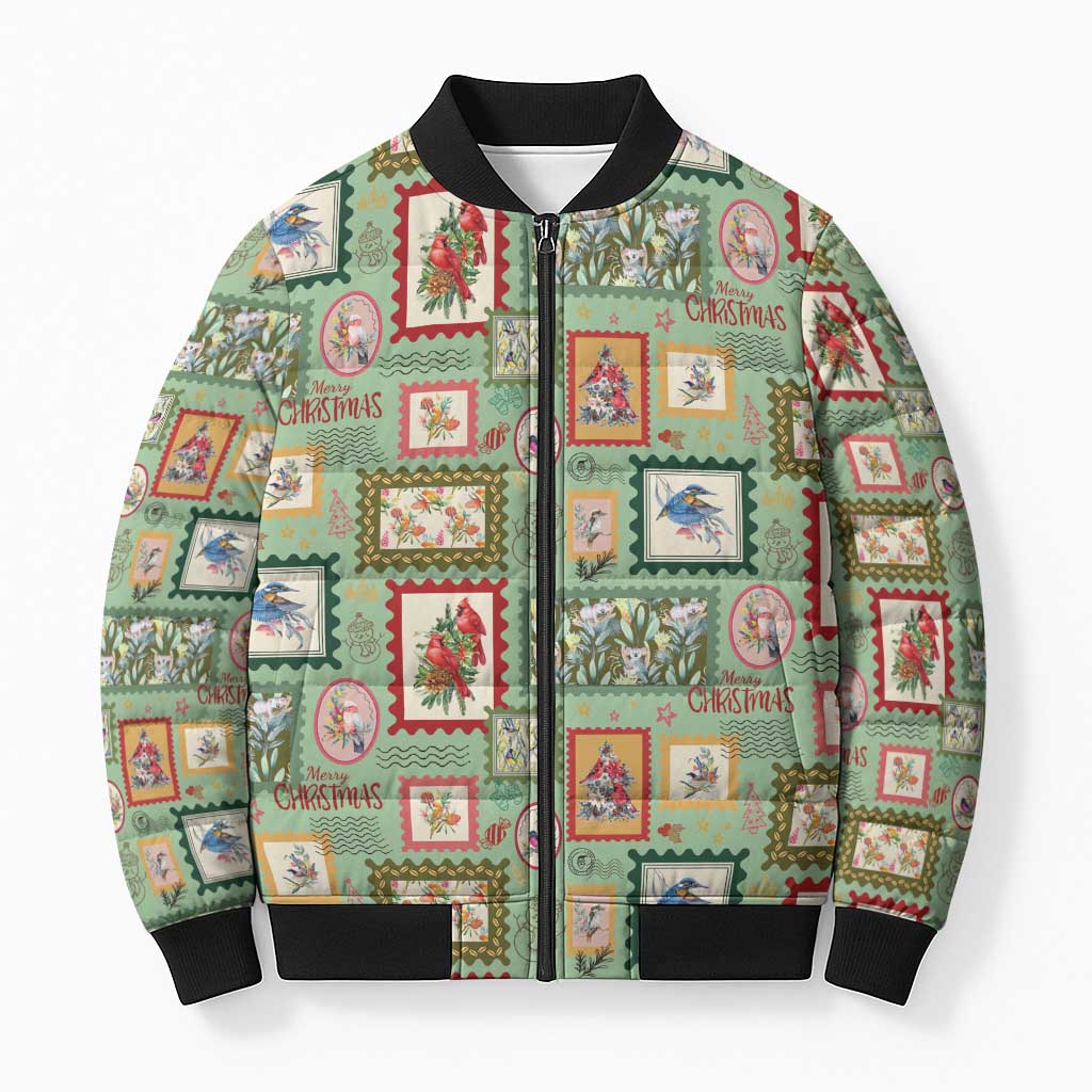Aussie Birds Christmas La La Land Bomber Puffer Jacket Green Vintage Stamp Edition - Aussie Hoodie