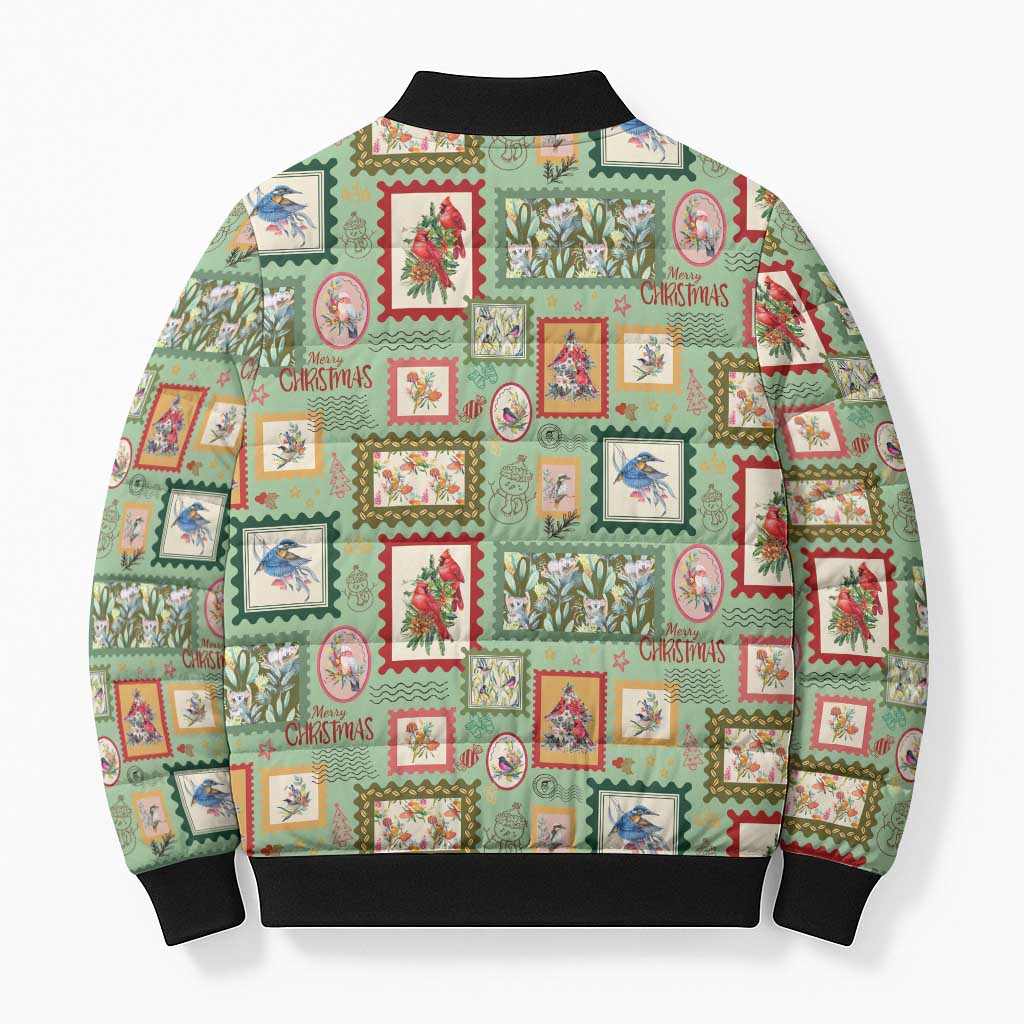 Aussie Birds Christmas La La Land Bomber Puffer Jacket Green Vintage Stamp Edition - Aussie Hoodie