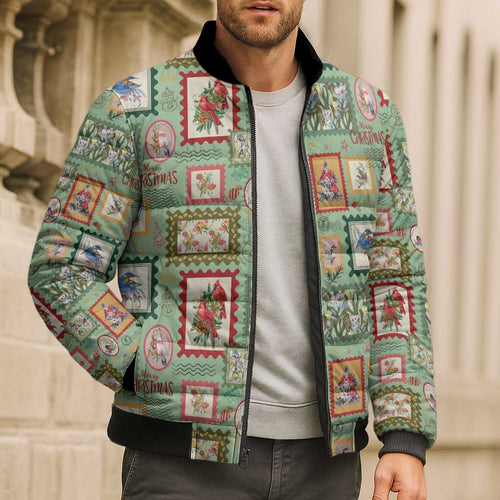 Aussie Birds Christmas La La Land Bomber Puffer Jacket Green Vintage Stamp Edition - Aussie Hoodie