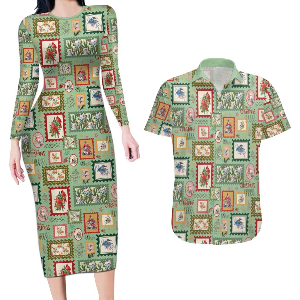 Aussie Birds Christmas La La Land Couples Matching Long Sleeve Bodycon Dress and Hawaiian Shirt Green Vintage Stamp Edition - Aussie Hoodie