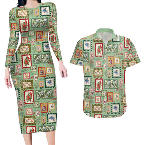 Aussie Birds Christmas La La Land Couples Matching Long Sleeve Bodycon Dress and Hawaiian Shirt Green Vintage Stamp Edition - Aussie Hoodie