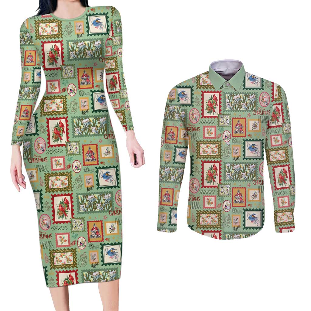 Aussie Birds Christmas La La Land Couples Matching Long Sleeve Bodycon Dress and Long Sleeve Button Shirt Green Vintage Stamp Edition - Aussie Hoodie