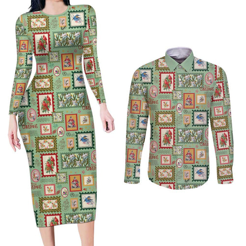 Aussie Birds Christmas La La Land Couples Matching Long Sleeve Bodycon Dress and Long Sleeve Button Shirt Green Vintage Stamp Edition - Aussie Hoodie
