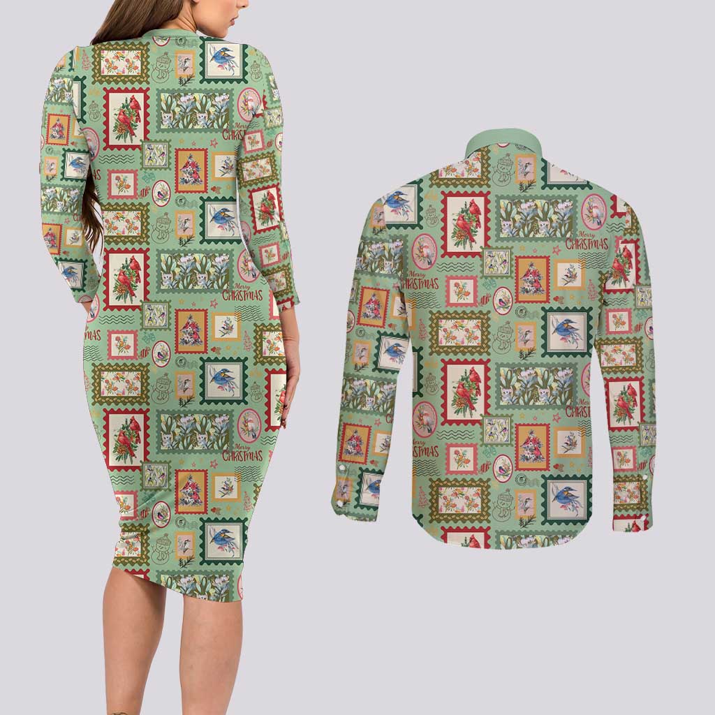 Aussie Birds Christmas La La Land Couples Matching Long Sleeve Bodycon Dress and Long Sleeve Button Shirt Green Vintage Stamp Edition - Aussie Hoodie