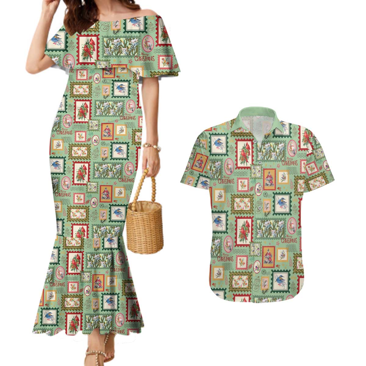 Aussie Birds Christmas La La Land Couples Matching Mermaid Dress and Hawaiian Shirt Green Vintage Stamp Edition - Aussie Hoodie