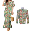 Aussie Birds Christmas La La Land Couples Matching Mermaid Dress and Long Sleeve Button Shirt Green Vintage Stamp Edition - Aussie Hoodie