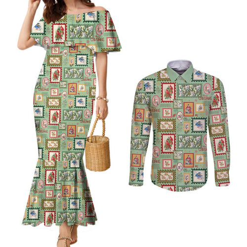 Aussie Birds Christmas La La Land Couples Matching Mermaid Dress and Long Sleeve Button Shirt Green Vintage Stamp Edition - Aussie Hoodie