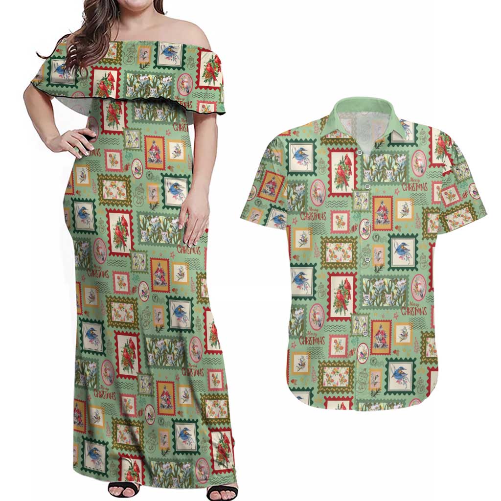 Aussie Birds Christmas La La Land Couples Matching Off Shoulder Maxi Dress and Hawaiian Shirt Green Vintage Stamp Edition - Aussie Hoodie