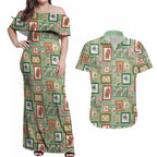 Aussie Birds Christmas La La Land Couples Matching Off Shoulder Maxi Dress and Hawaiian Shirt Green Vintage Stamp Edition - Aussie Hoodie
