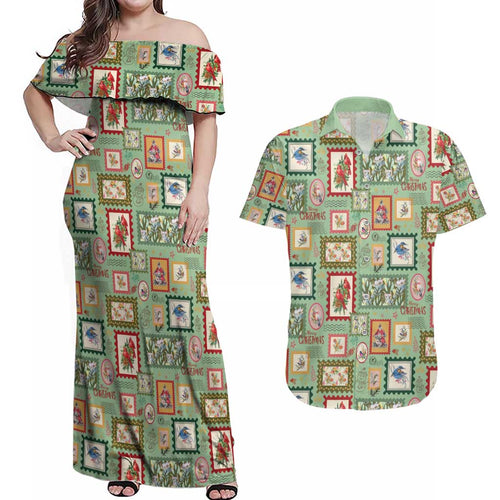 Aussie Birds Christmas La La Land Couples Matching Off Shoulder Maxi Dress and Hawaiian Shirt Green Vintage Stamp Edition - Aussie Hoodie