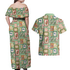Aussie Birds Christmas La La Land Couples Matching Off Shoulder Maxi Dress and Hawaiian Shirt Green Vintage Stamp Edition - Aussie Hoodie