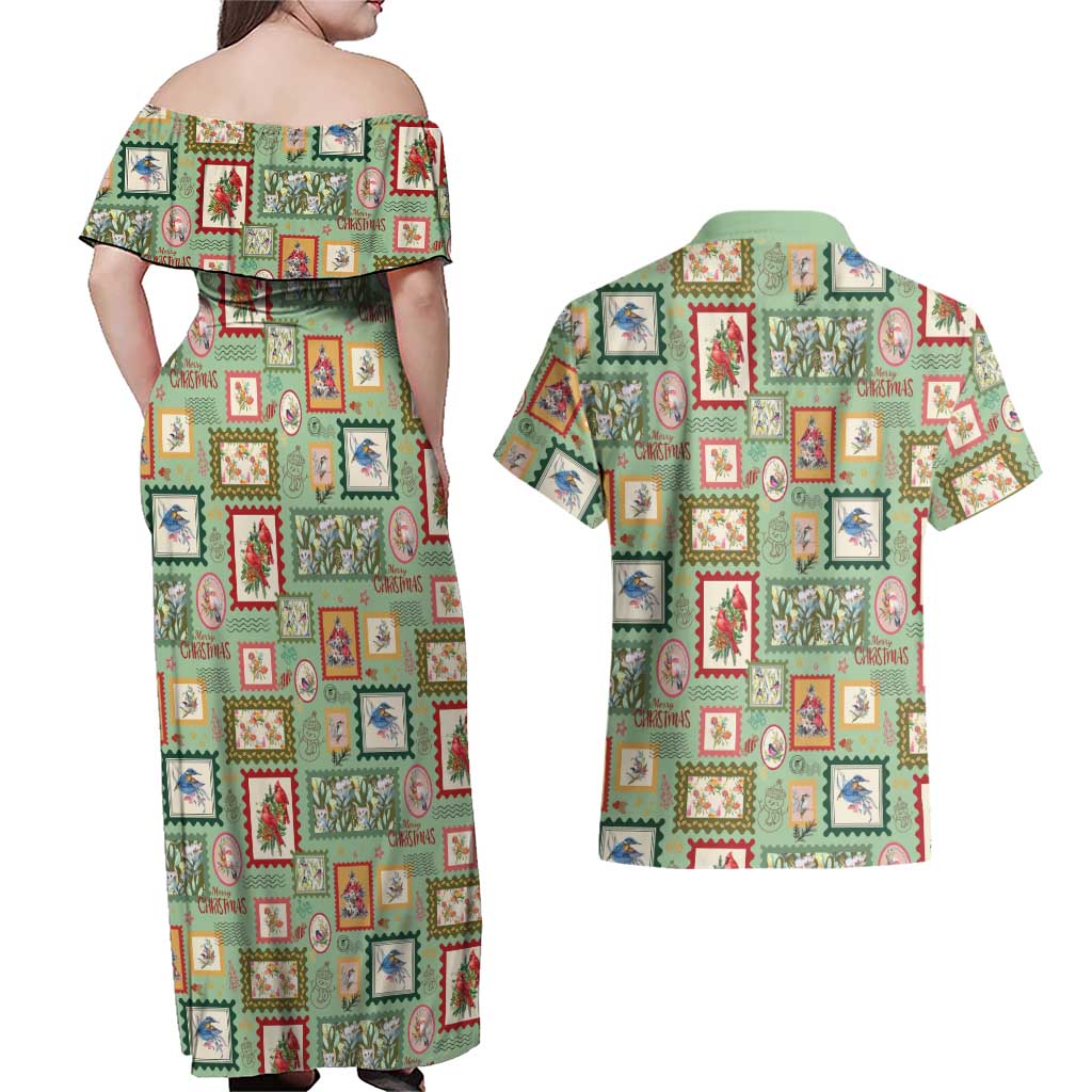 Aussie Birds Christmas La La Land Couples Matching Off Shoulder Maxi Dress and Hawaiian Shirt Green Vintage Stamp Edition - Aussie Hoodie