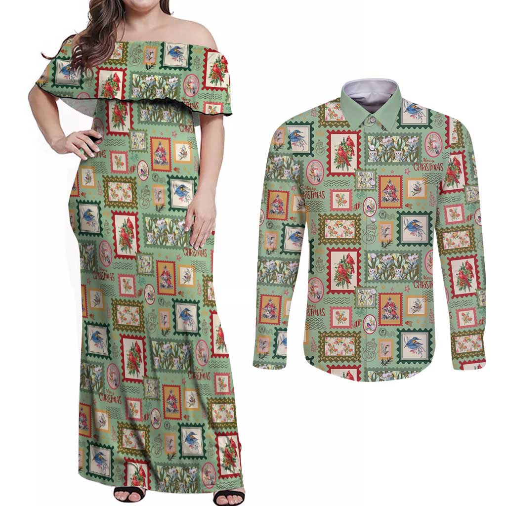 Aussie Birds Christmas La La Land Couples Matching Off Shoulder Maxi Dress and Long Sleeve Button Shirt Green Vintage Stamp Edition - Aussie Hoodie