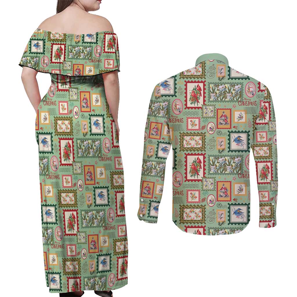 Aussie Birds Christmas La La Land Couples Matching Off Shoulder Maxi Dress and Long Sleeve Button Shirt Green Vintage Stamp Edition - Aussie Hoodie