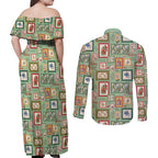 Aussie Birds Christmas La La Land Couples Matching Off Shoulder Maxi Dress and Long Sleeve Button Shirt Green Vintage Stamp Edition - Aussie Hoodie