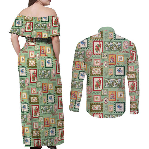 Aussie Birds Christmas La La Land Couples Matching Off Shoulder Maxi Dress and Long Sleeve Button Shirt Green Vintage Stamp Edition - Aussie Hoodie