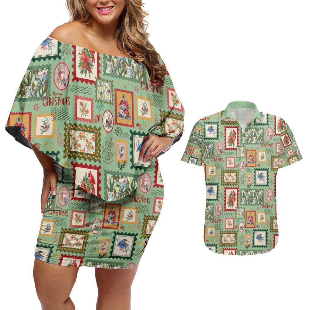 Aussie Birds Christmas La La Land Couples Matching Off Shoulder Short Dress and Hawaiian Shirt Green Vintage Stamp Edition - Aussie Hoodie