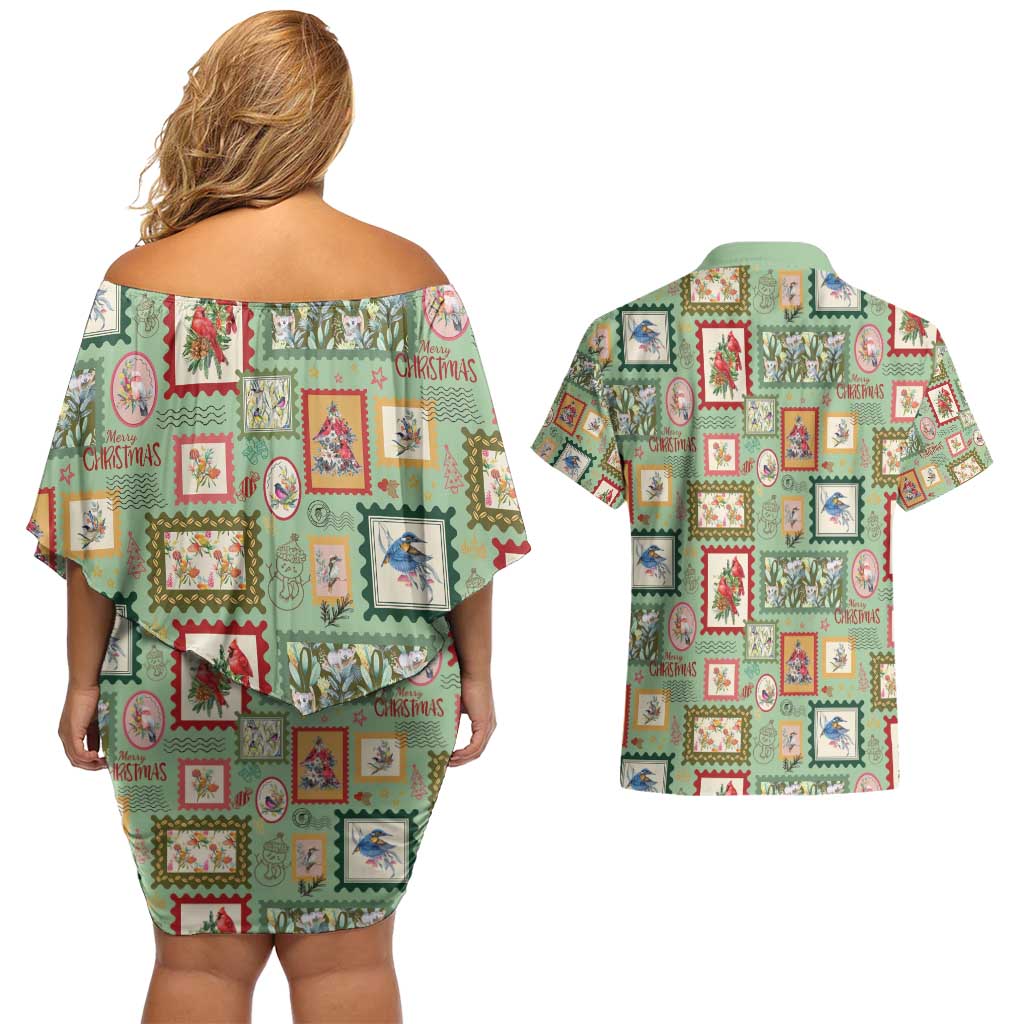 Aussie Birds Christmas La La Land Couples Matching Off Shoulder Short Dress and Hawaiian Shirt Green Vintage Stamp Edition - Aussie Hoodie