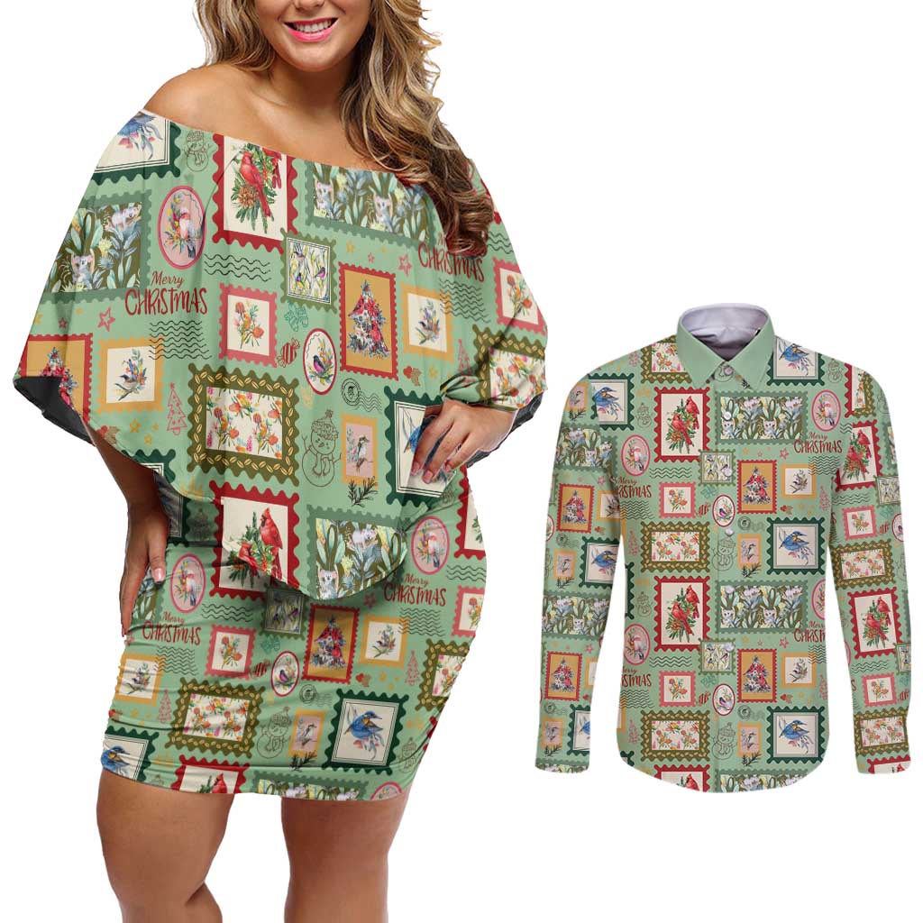 Aussie Birds Christmas La La Land Couples Matching Off Shoulder Short Dress and Long Sleeve Button Shirt Green Vintage Stamp Edition - Aussie Hoodie