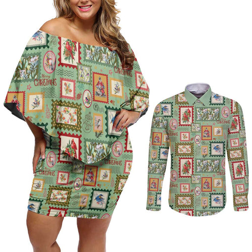 Aussie Birds Christmas La La Land Couples Matching Off Shoulder Short Dress and Long Sleeve Button Shirt Green Vintage Stamp Edition - Aussie Hoodie