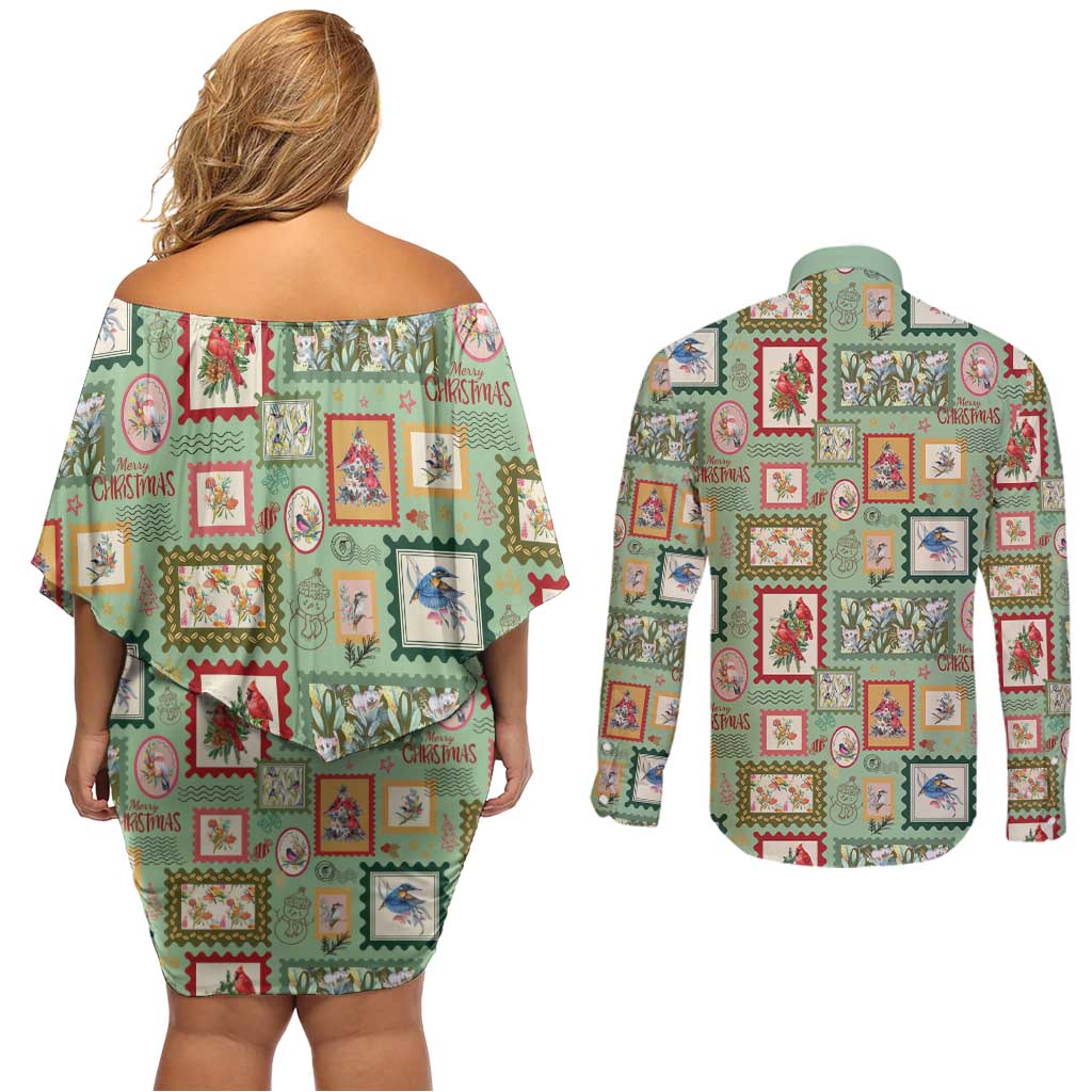 Aussie Birds Christmas La La Land Couples Matching Off Shoulder Short Dress and Long Sleeve Button Shirt Green Vintage Stamp Edition - Aussie Hoodie