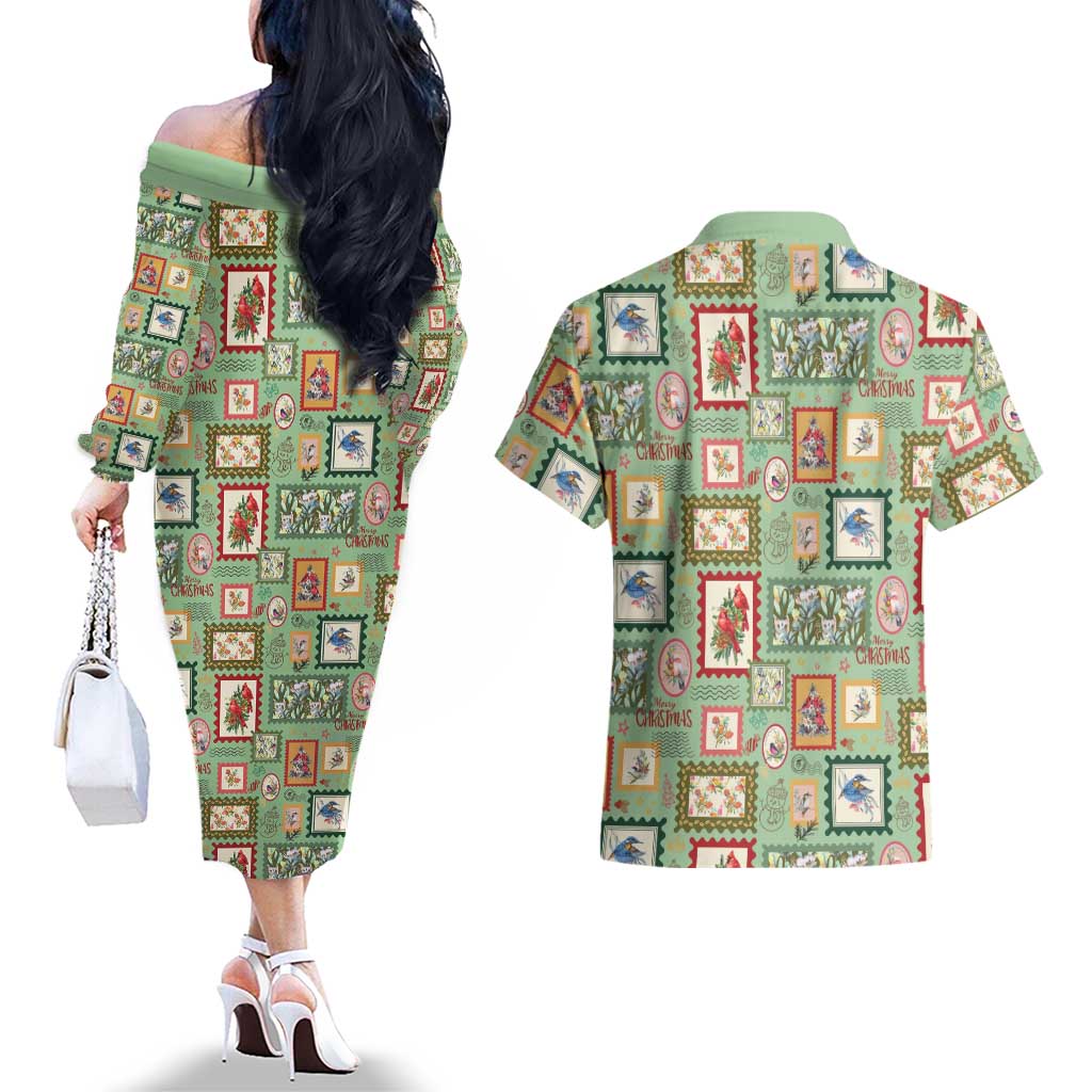Aussie Birds Christmas La La Land Couples Matching Off The Shoulder Long Sleeve Dress and Hawaiian Shirt Green Vintage Stamp Edition - Aussie Hoodie