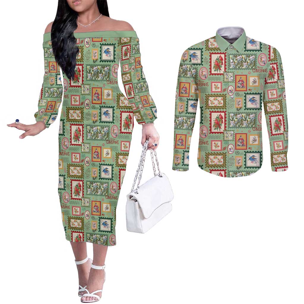 Aussie Birds Christmas La La Land Couples Matching Off The Shoulder Long Sleeve Dress and Long Sleeve Button Shirt Green Vintage Stamp Edition - Aussie Hoodie