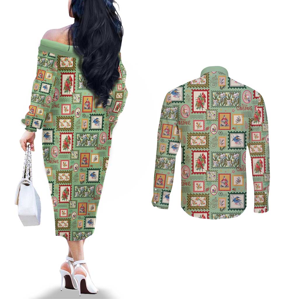Aussie Birds Christmas La La Land Couples Matching Off The Shoulder Long Sleeve Dress and Long Sleeve Button Shirt Green Vintage Stamp Edition - Aussie Hoodie