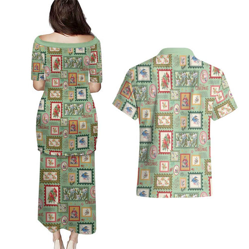 Aussie Birds Christmas La La Land Couples Matching Puletasi and Hawaiian Shirt Green Vintage Stamp Edition - Aussie Hoodie