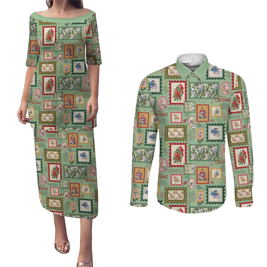 Aussie Birds Christmas La La Land Couples Matching Puletasi and Long Sleeve Button Shirt Green Vintage Stamp Edition - Aussie Hoodie