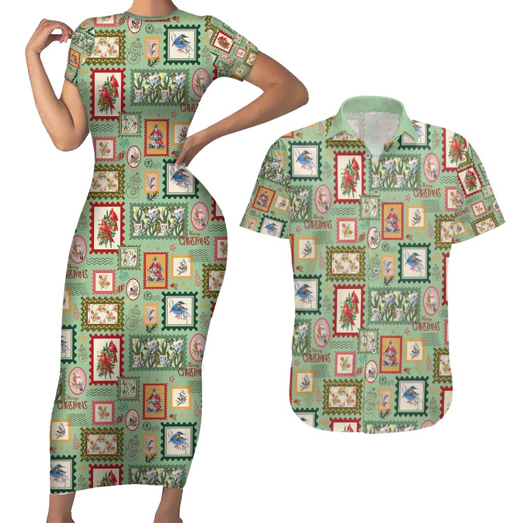 Aussie Birds Christmas La La Land Couples Matching Short Sleeve Bodycon Dress and Hawaiian Shirt Green Vintage Stamp Edition - Aussie Hoodie