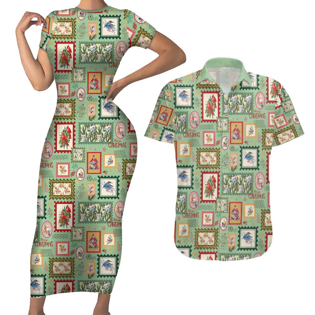 Aussie Birds Christmas La La Land Couples Matching Short Sleeve Bodycon Dress and Hawaiian Shirt Green Vintage Stamp Edition - Aussie Hoodie