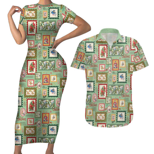 Aussie Birds Christmas La La Land Couples Matching Short Sleeve Bodycon Dress and Hawaiian Shirt Green Vintage Stamp Edition - Aussie Hoodie