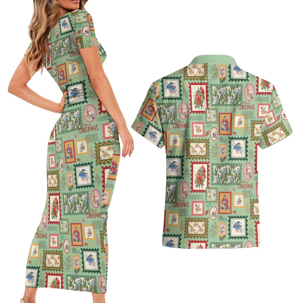 Aussie Birds Christmas La La Land Couples Matching Short Sleeve Bodycon Dress and Hawaiian Shirt Green Vintage Stamp Edition - Aussie Hoodie