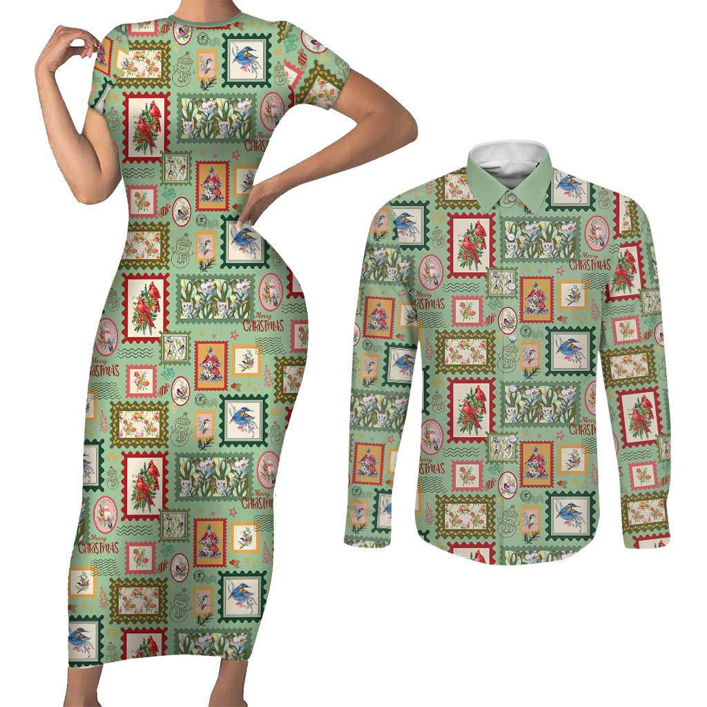 Aussie Birds Christmas La La Land Couples Matching Short Sleeve Bodycon Dress and Long Sleeve Button Shirt Green Vintage Stamp Edition - Aussie Hoodie