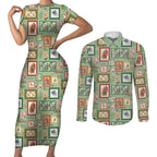 Aussie Birds Christmas La La Land Couples Matching Short Sleeve Bodycon Dress and Long Sleeve Button Shirt Green Vintage Stamp Edition - Aussie Hoodie