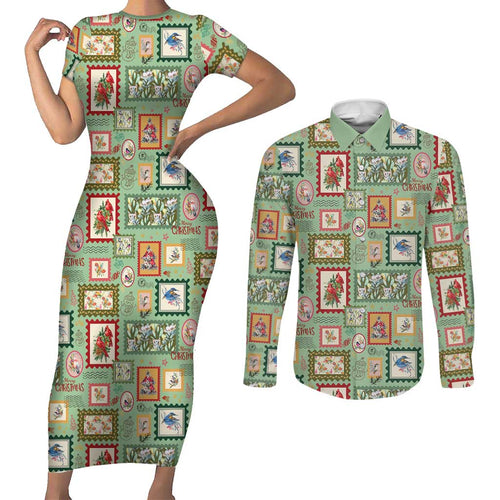 Aussie Birds Christmas La La Land Couples Matching Short Sleeve Bodycon Dress and Long Sleeve Button Shirt Green Vintage Stamp Edition - Aussie Hoodie