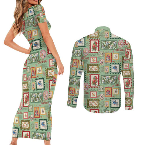 Aussie Birds Christmas La La Land Couples Matching Short Sleeve Bodycon Dress and Long Sleeve Button Shirt Green Vintage Stamp Edition - Aussie Hoodie
