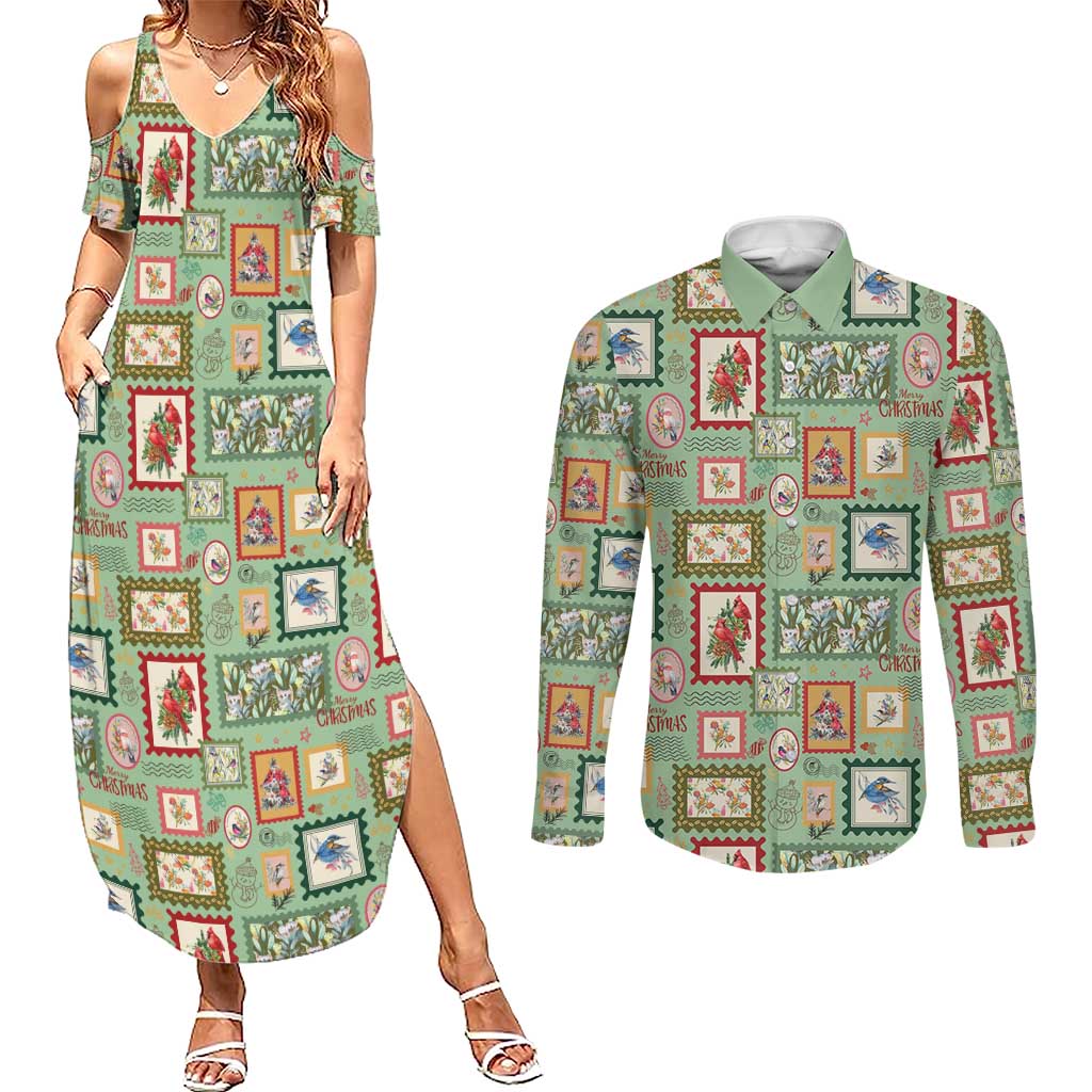 Aussie Birds Christmas La La Land Couples Matching Summer Maxi Dress and Long Sleeve Button Shirt Green Vintage Stamp Edition - Aussie Hoodie