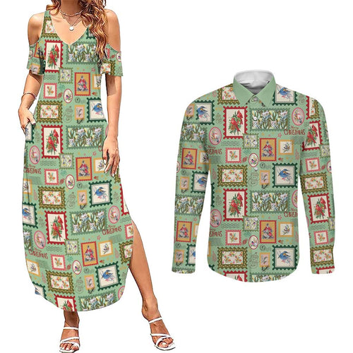 Aussie Birds Christmas La La Land Couples Matching Summer Maxi Dress and Long Sleeve Button Shirt Green Vintage Stamp Edition - Aussie Hoodie