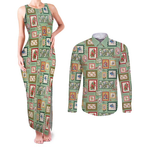 Aussie Birds Christmas La La Land Couples Matching Tank Maxi Dress and Long Sleeve Button Shirt Green Vintage Stamp Edition - Aussie Hoodie