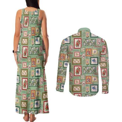 Aussie Birds Christmas La La Land Couples Matching Tank Maxi Dress and Long Sleeve Button Shirt Green Vintage Stamp Edition - Aussie Hoodie