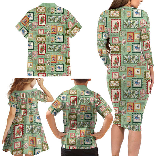 Aussie Birds Christmas La La Land Family Matching Long Sleeve Bodycon Dress and Hawaiian Shirt Green Vintage Stamp Edition - Aussie Hoodie