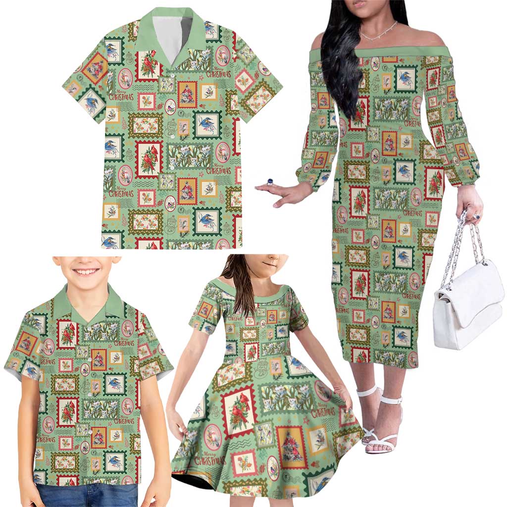 Aussie Birds Christmas La La Land Family Matching Off The Shoulder Long Sleeve Dress and Hawaiian Shirt Green Vintage Stamp Edition - Aussie Hoodie