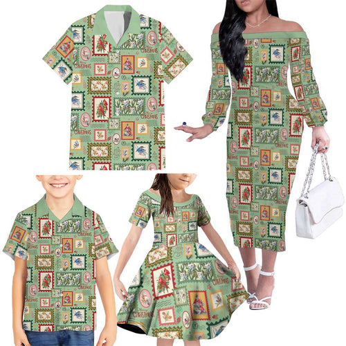 Aussie Birds Christmas La La Land Family Matching Off The Shoulder Long Sleeve Dress and Hawaiian Shirt Green Vintage Stamp Edition - Aussie Hoodie
