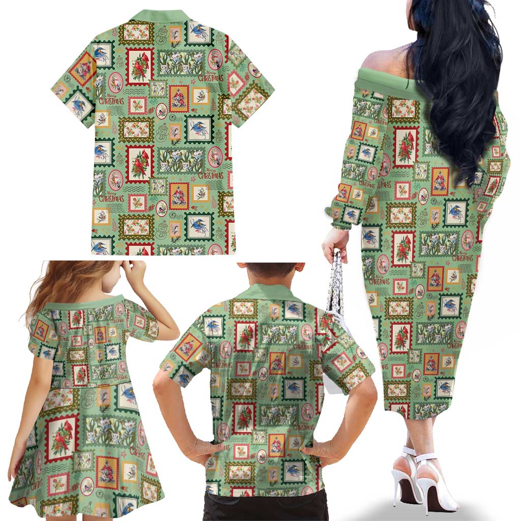 Aussie Birds Christmas La La Land Family Matching Off The Shoulder Long Sleeve Dress and Hawaiian Shirt Green Vintage Stamp Edition - Aussie Hoodie